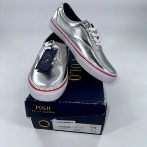Polo Ralph Lauren Thornton III Silver Metallic Sneakers Mens Size 8D New In Box